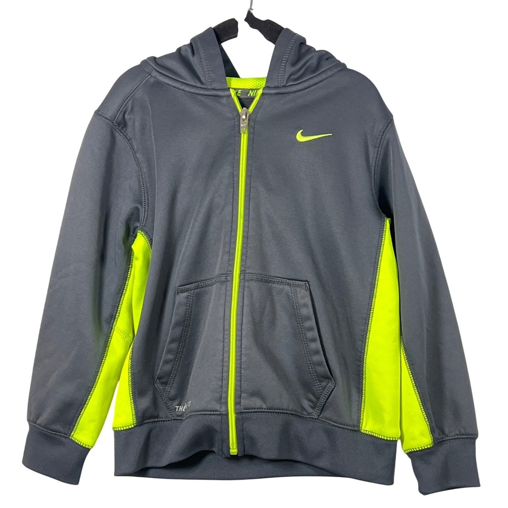 Nike Kids Gray Neon Green‎ Zip Up Hooded Jacket Classic Sporty Athletic Boys 6